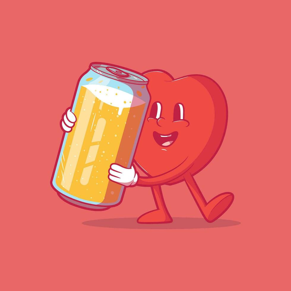 cuore personaggio Tenere un' birra può fatto di bicchiere vettore illustrazione. bere, divertente, festa design concetto