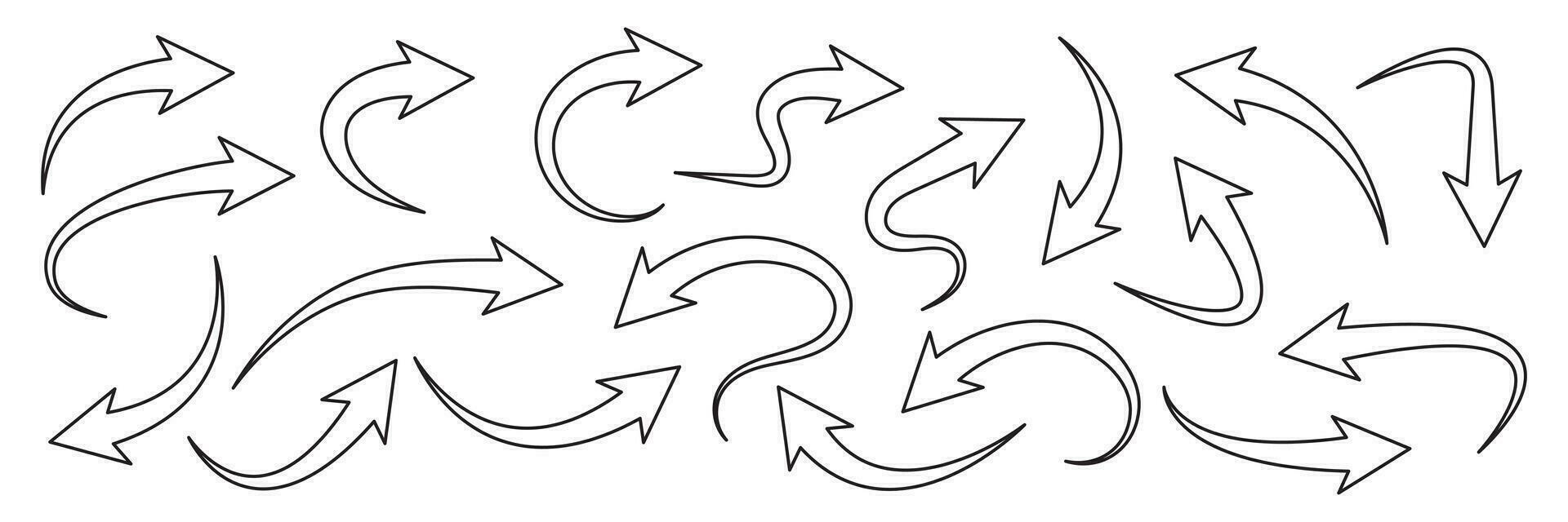 curva freccia vettore icone, impostato il giro freccia su e freccia fuori uso, nero linea simboli. vettore illustrazione.