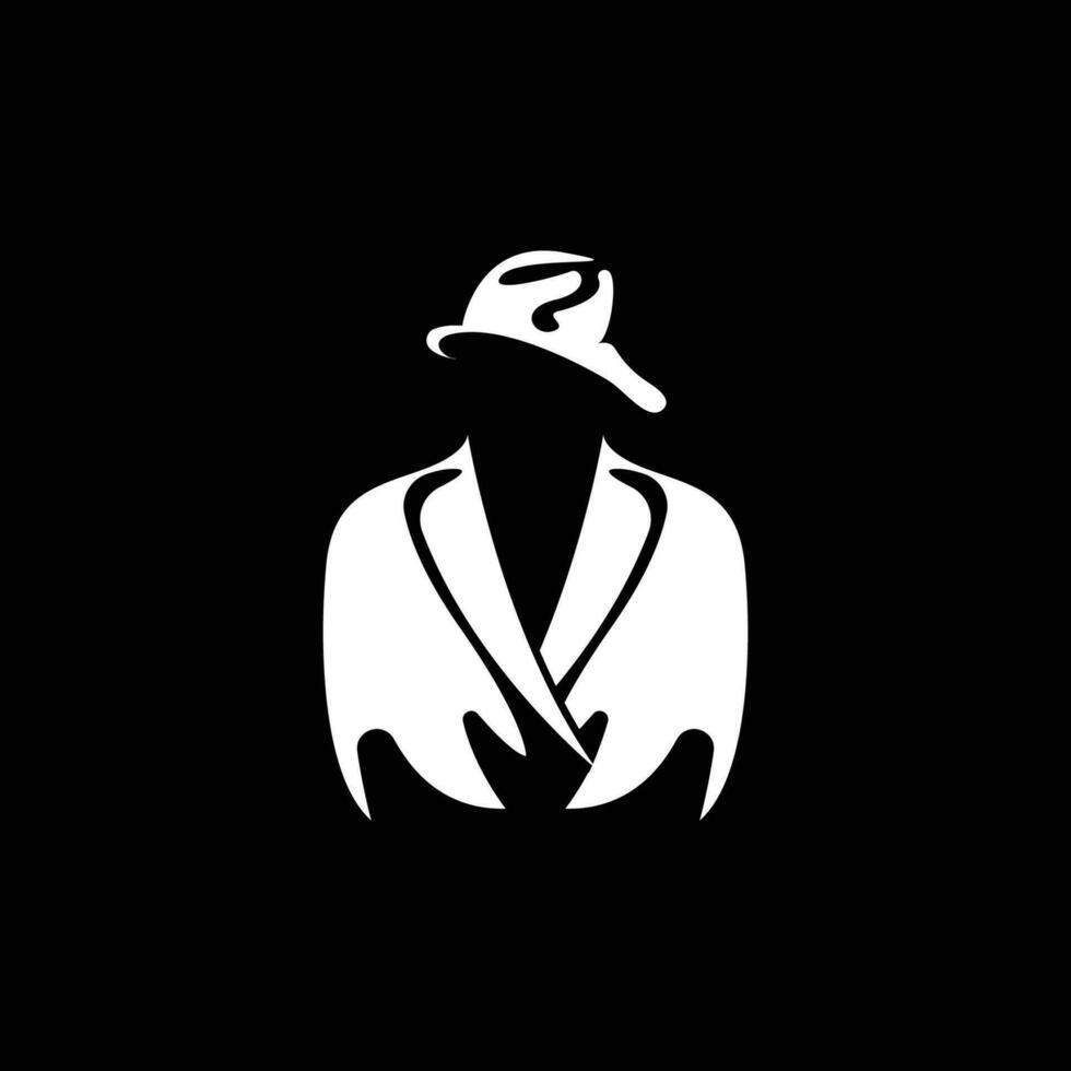investigatore uomo logo disegno, mafia investigatore moda smoking e cappello illustrazione vettore, uomo nero uomo d'affari icona vettore