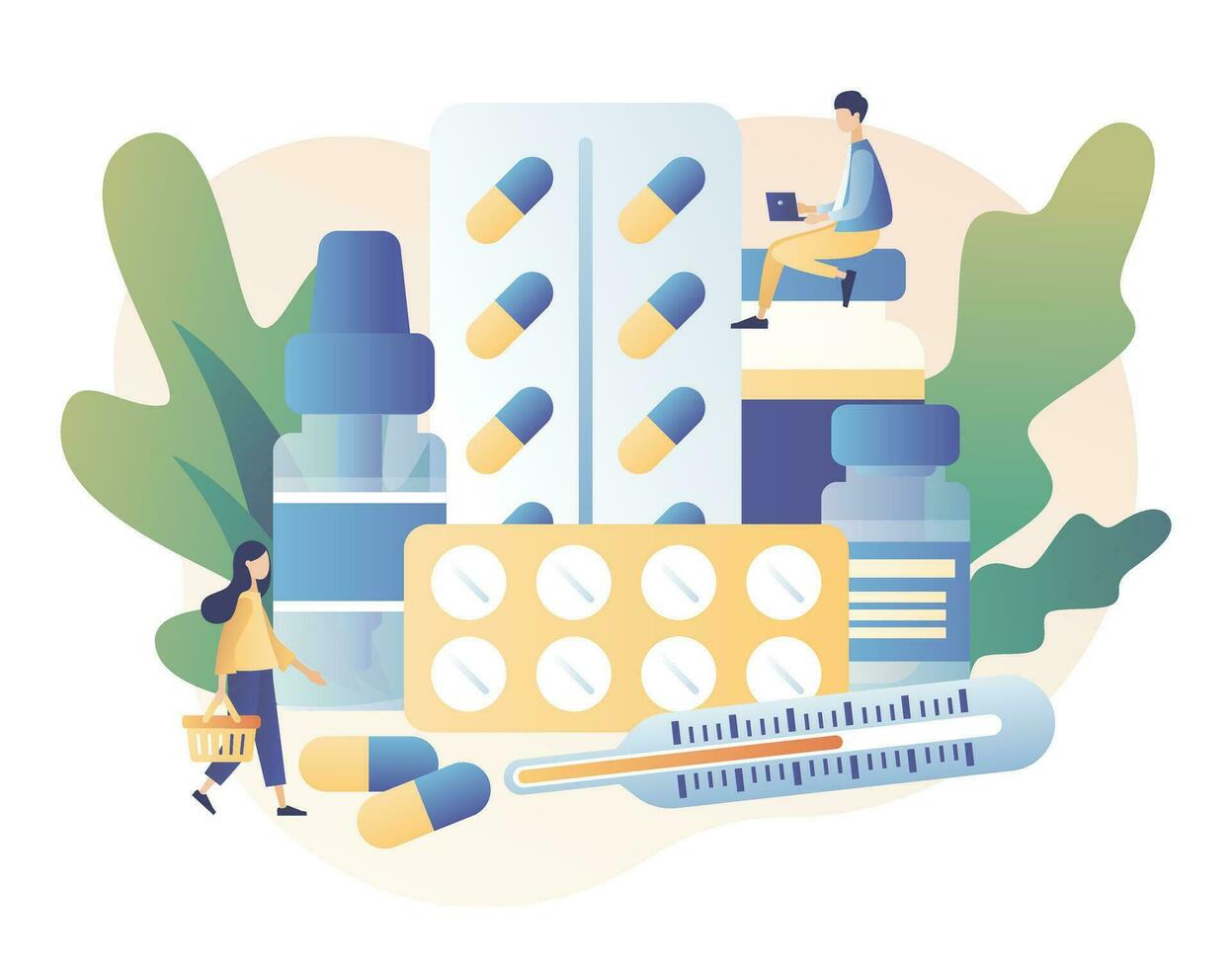 in linea farmacia memorizzare concetto. acquistare medicamenti e farmaci in linea. minuscolo persone farmacisti nel farmacia vicino medicina pillole e bottiglie. moderno piatto cartone animato style.vector illustrazione su bianca sfondo vettore