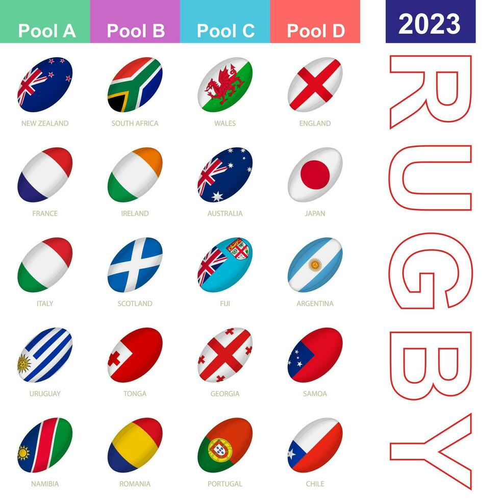 bandiere di il nazioni partecipando nel Rugby 2023. 20 bandiere nel il stile di un' Rugby sfera. vettore