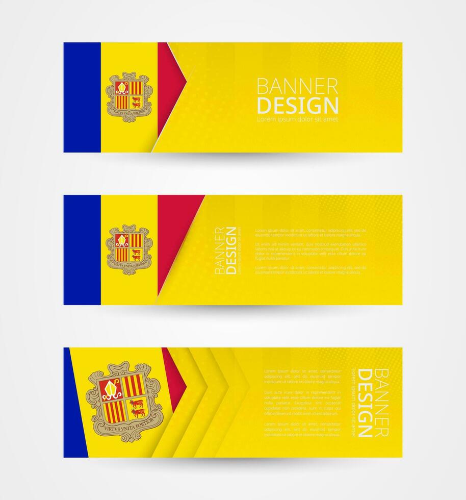 impostato di tre orizzontale banner con bandiera di andorra. ragnatela bandiera design modello nel colore di andorra bandiera. vettore