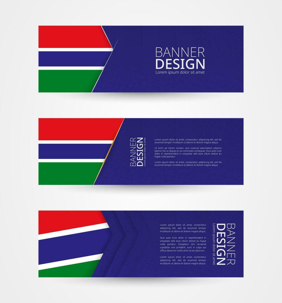 impostato di tre orizzontale banner con bandiera di Gambia. ragnatela bandiera design modello nel colore di Gambia bandiera. vettore