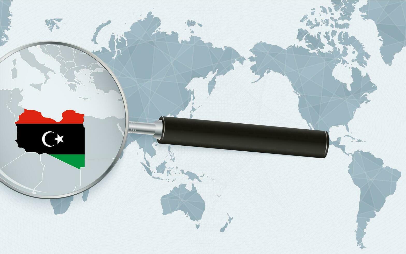 Asia centrato mondo carta geografica con ingrandita bicchiere su Libia. messa a fuoco su carta geografica di Libia su pacifico-centrico mondo carta geografica. vettore