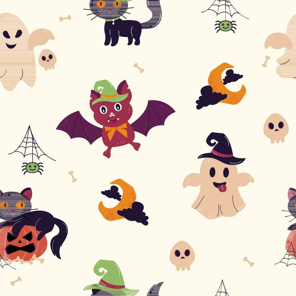 senza soluzione di continuità modello Halloween personaggi gatto, fantasma, pipistrello vettore