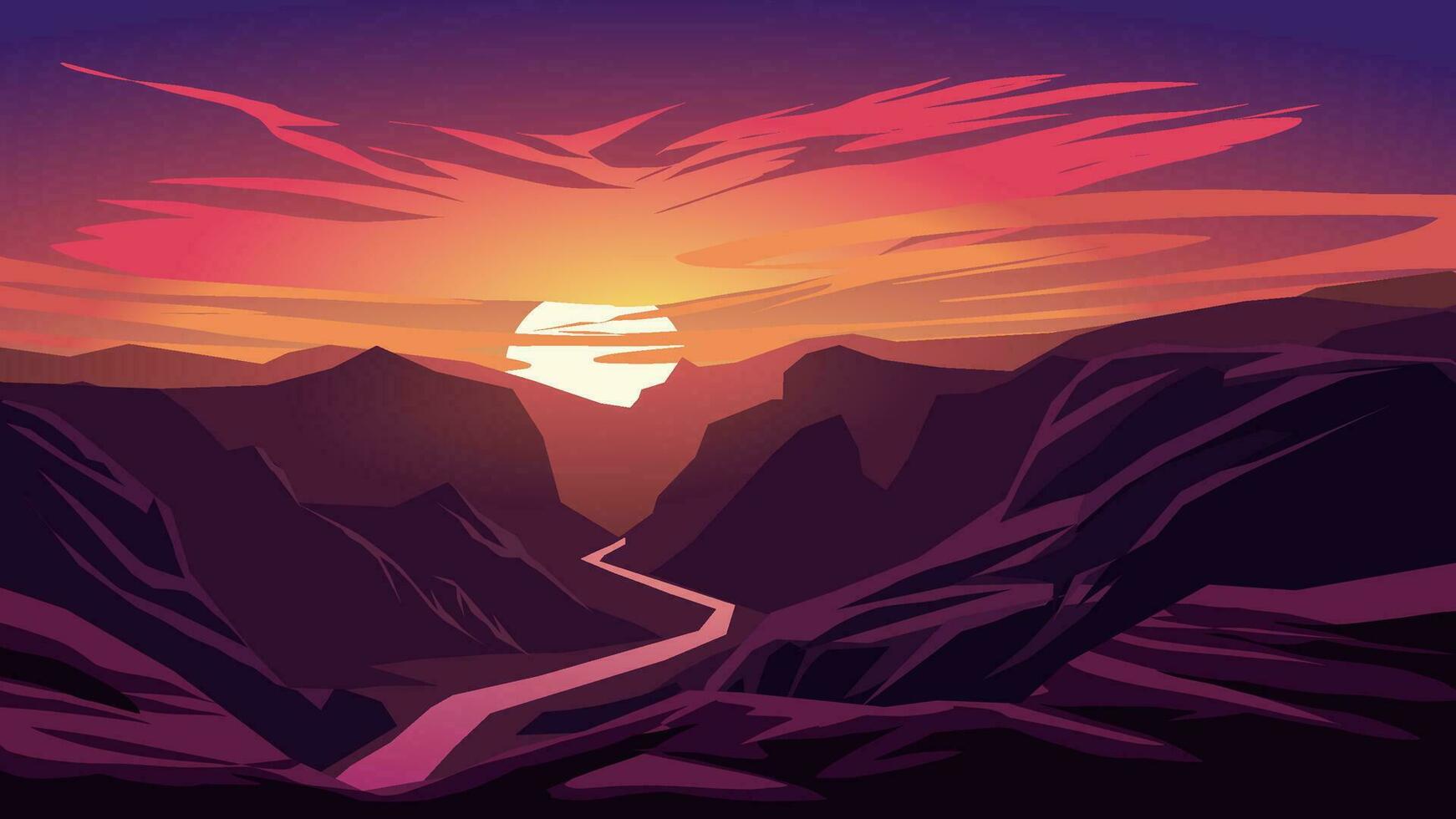 vettore illustrazione di bellissimo tramonto al di sopra di canyon