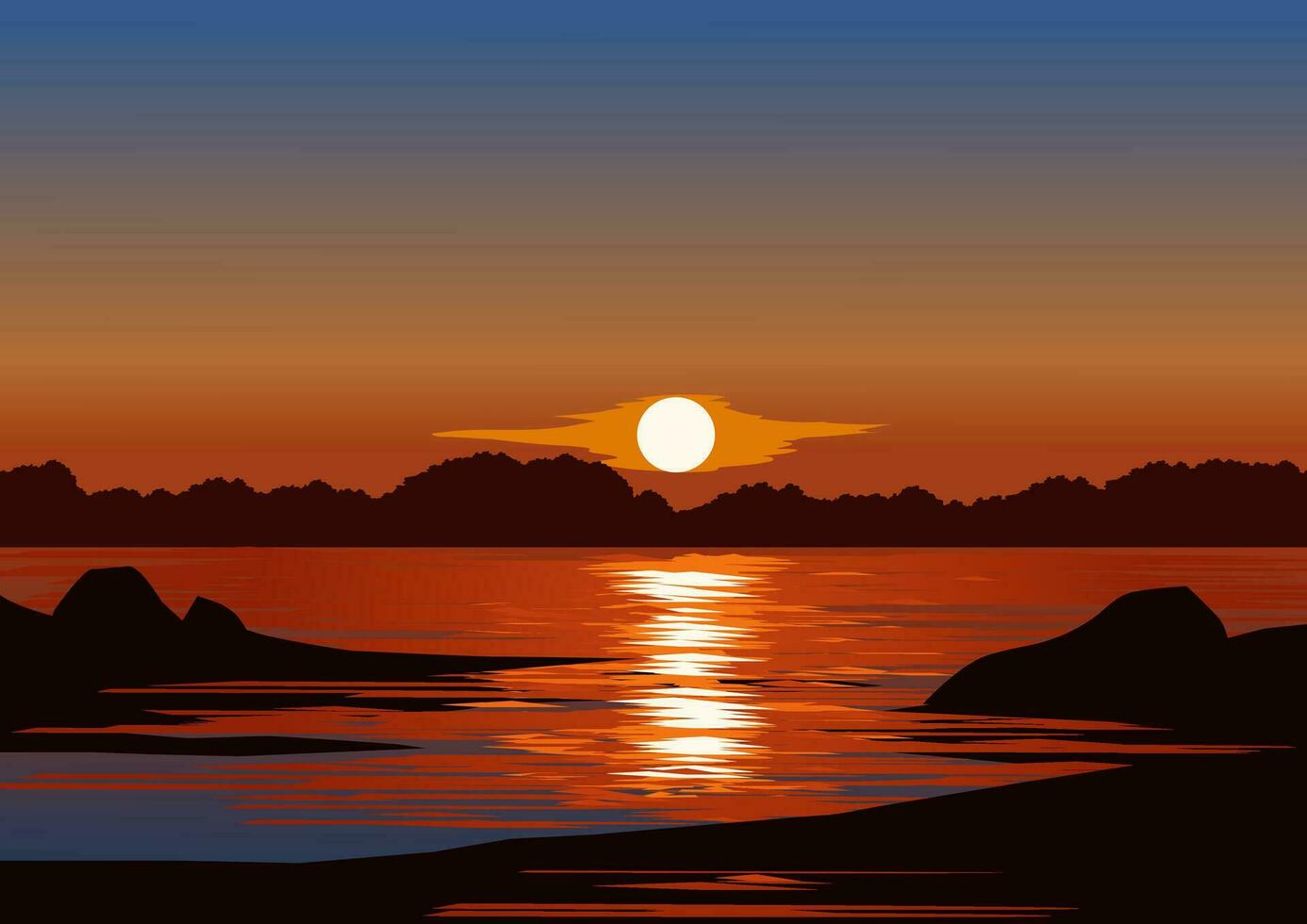 bellissimo lago illustrazione con rocce nel silhouette vettore