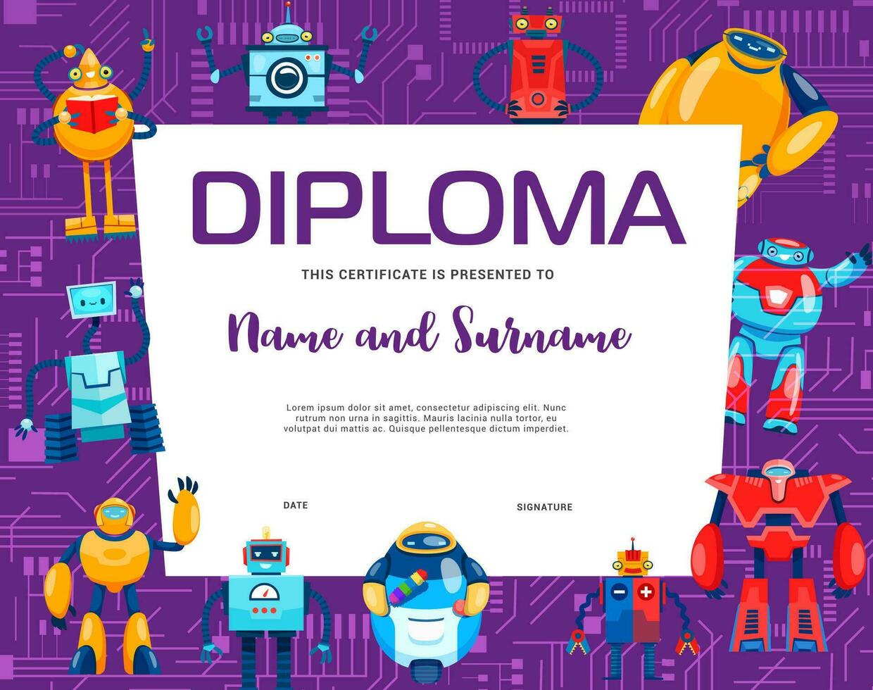 bambini diploma. cartone animato robot e droid personaggi vettore