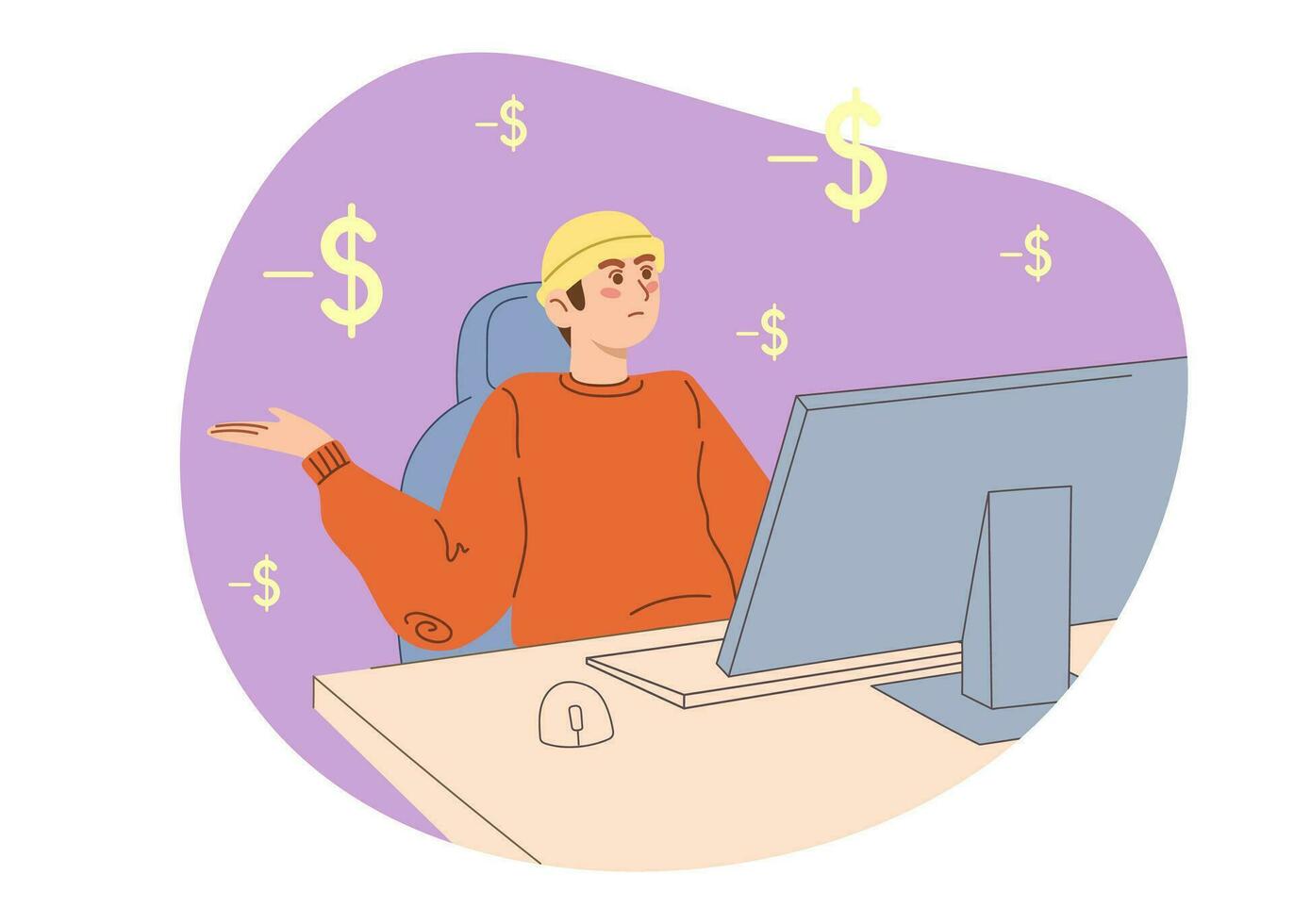 uomo seduta su il computer. maschio perdente i soldi in linea. concetto di i soldi i problemi. vettore illustrazione per fallimento, perdita, crisi