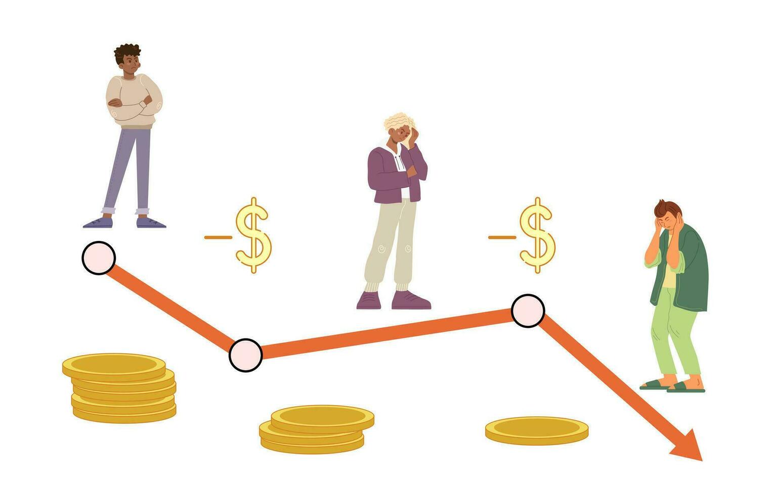 concetto di i soldi i problemi con freccia fuori uso. triste uomo è perdente i soldi. diagramma. vettore illustrazione per fallimento, perdita, crisi