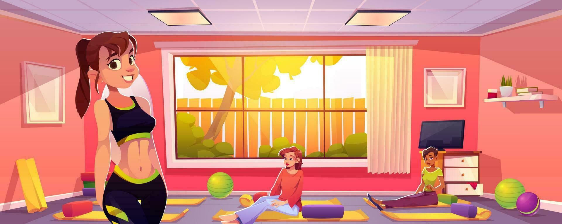 donna gruppo nel yoga studio posa cartone animato vettore