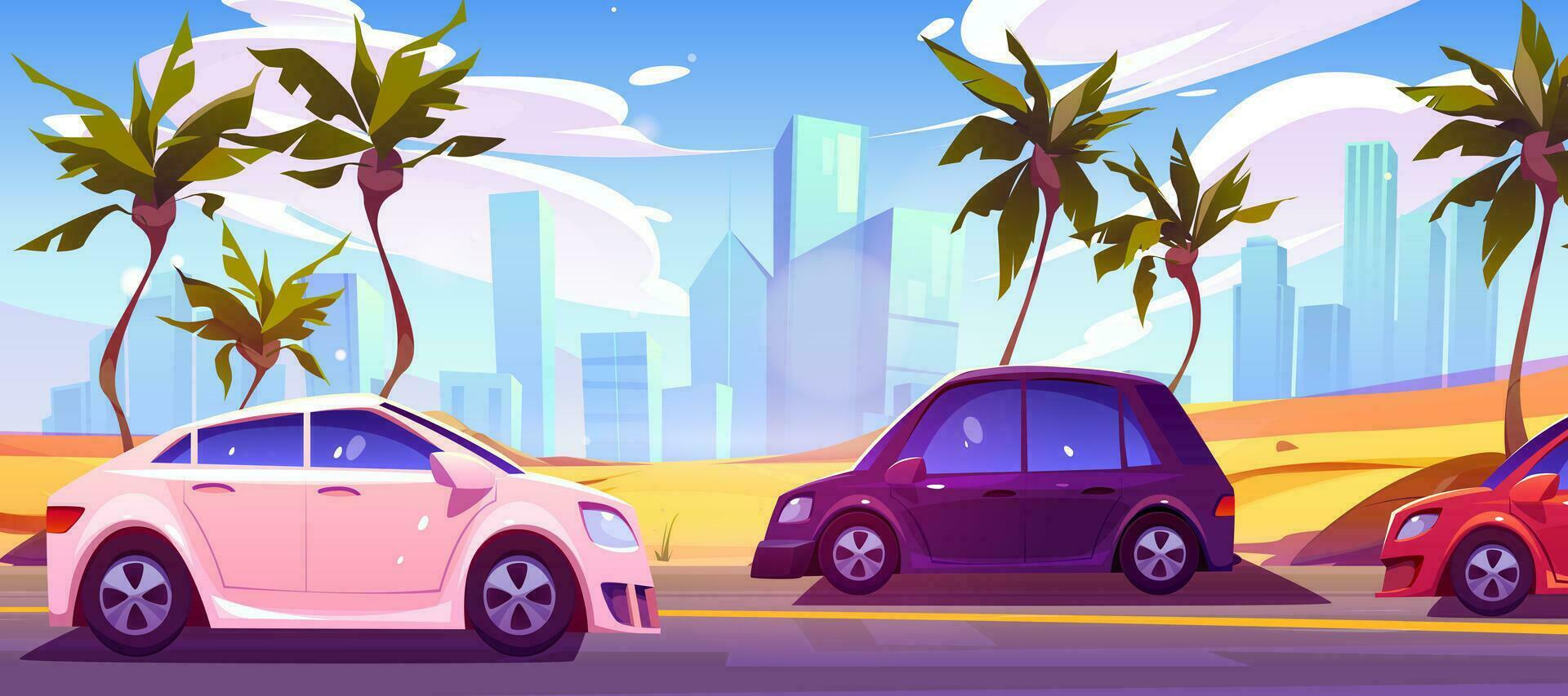 auto su deserto strada, vettore autostrada orizzonte Visualizza.
