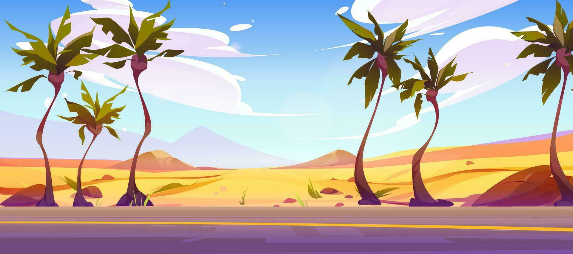 sabbia deserto strada Visualizza palma albero paesaggio scena vettore