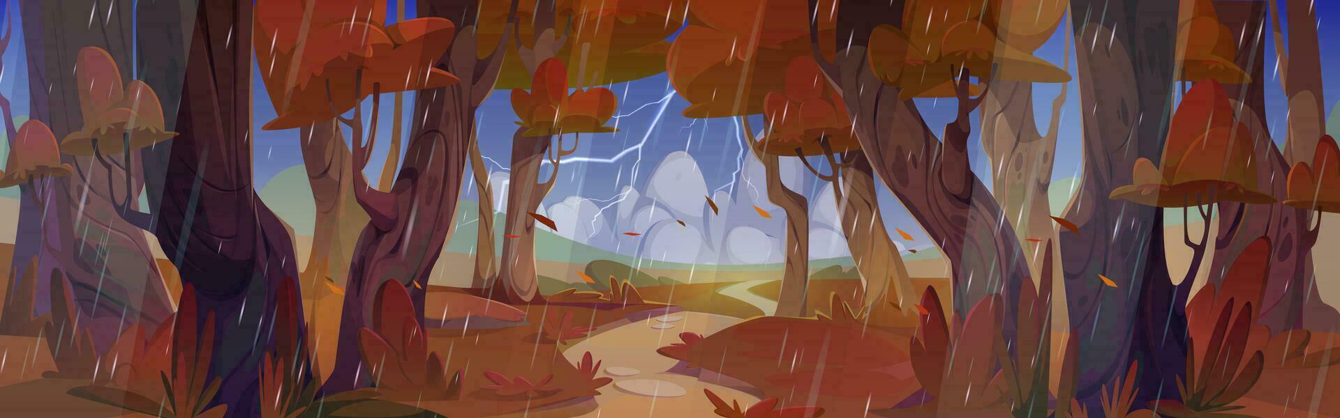 autunno foresta paesaggio con pioggia e fulmine vettore
