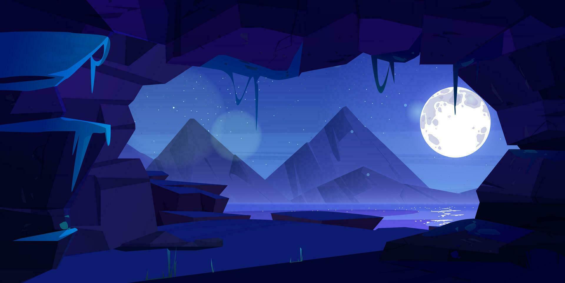 montagna grotta Uscita con notte lago Visualizza vettore