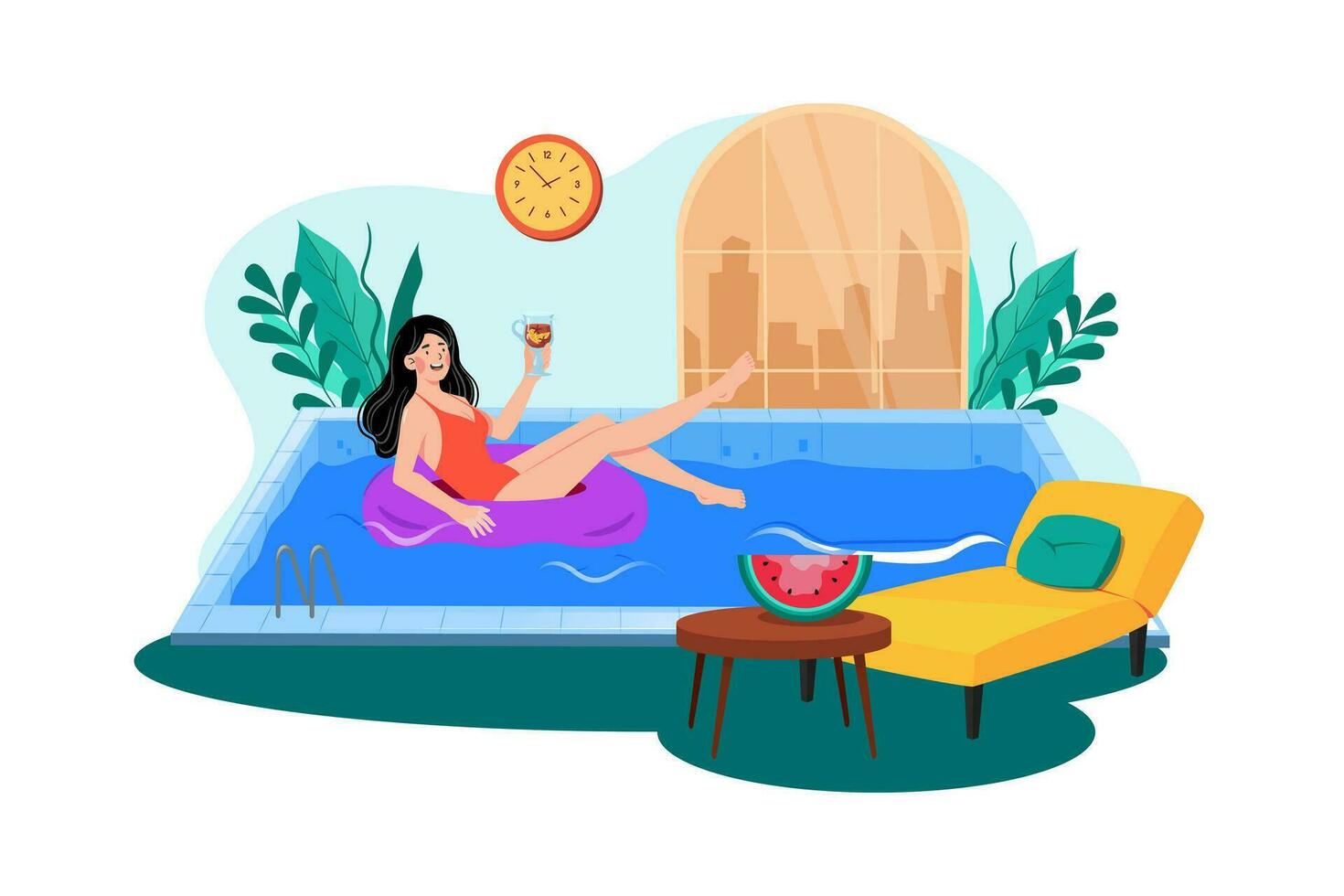 un' donna gode un' mattina nuotare nel il Hotel piscina durante sua vacanza. vettore