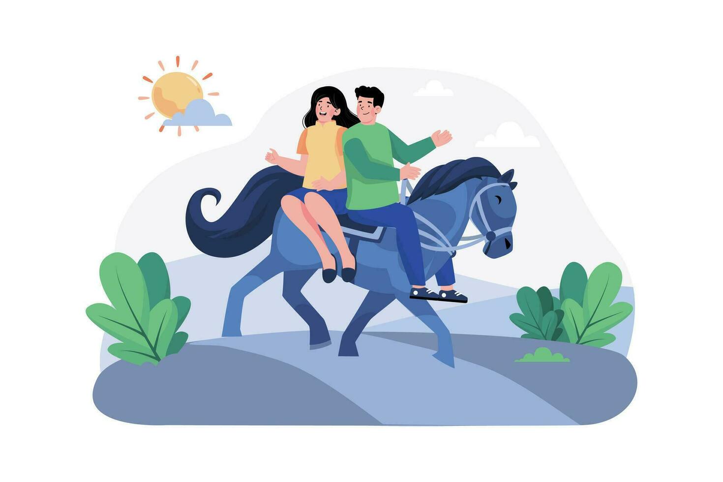 un' coppia va groppa equitazione lungo pittoresco sentieri nel il mattina. vettore
