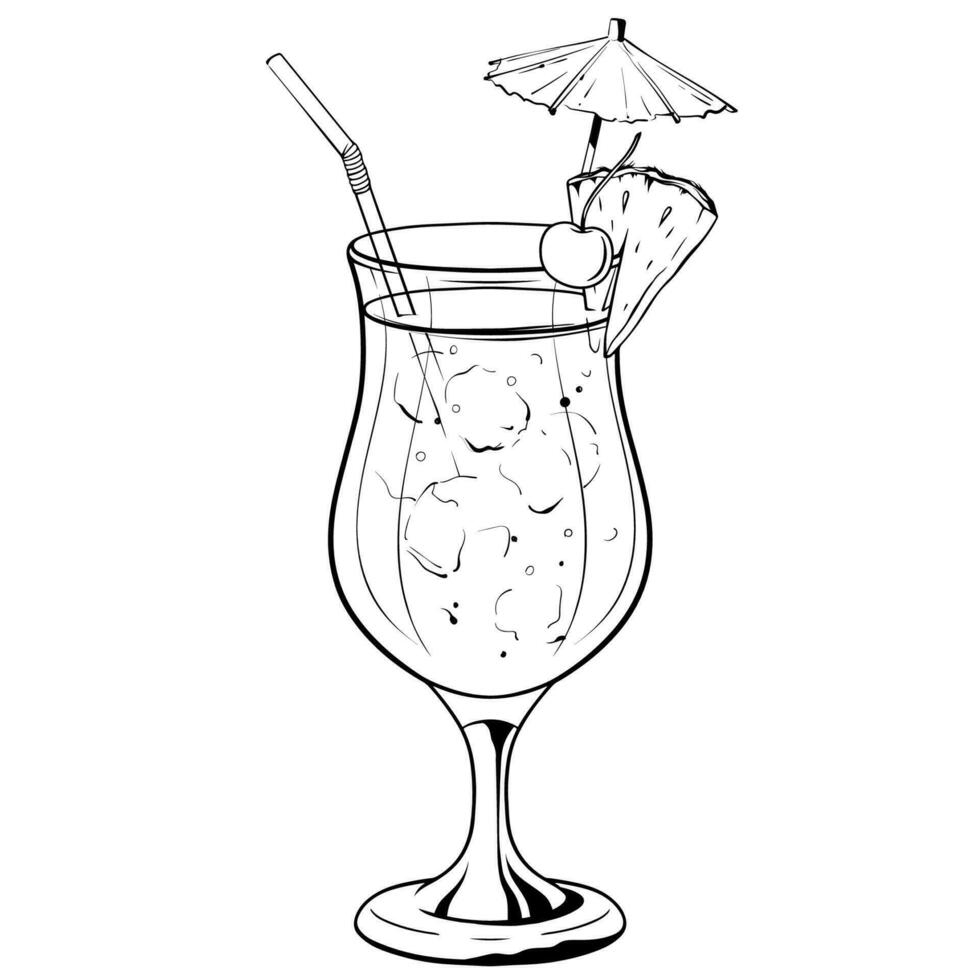 cocktail laguna blu, bevanda alcolica disegnata a mano con fetta di ananas, ciliegia e ombrello. Illustrazione vettoriale su sfondo bianco
