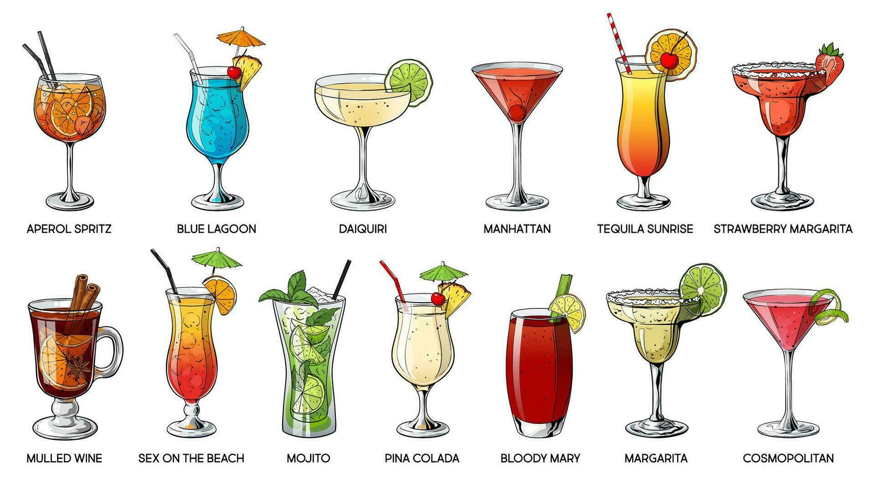 impostato di tropicale cocklail. estate alcolizzato vacanza e spiaggia festa bevande. Mojito, daiquiri, Manhattan, Tequila Alba, sanguinoso Maria, Margherita, Pina colada, blu laguna eccetera. vettore illustrazione