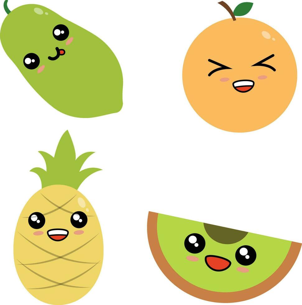 carino frutta, contento carino impostato di sorridente frutta facce. vettore impostato di piatto cartone animato illustrazione icone.per design decorazione illustrazione