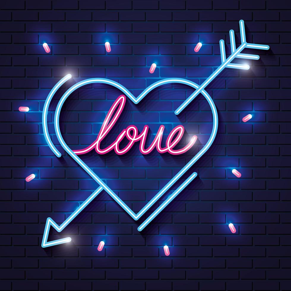 cuore con scritte amore per le luci al neon vettore