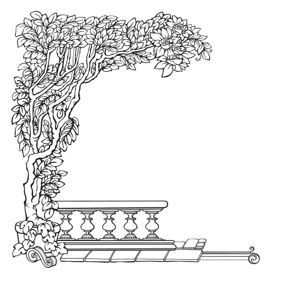 botanico angolo con tropicale impianti. nero e bianca. vettore illustrazione.