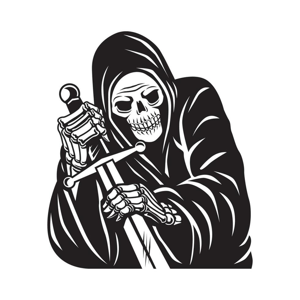 Grim Reaper con illustrazione vettoriale carattere spada. bianco e nero