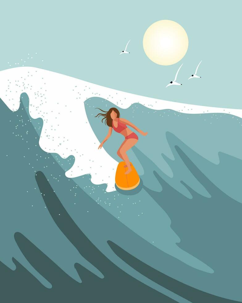 ragazza del surfista su una tavola da surf su un'onda del mare. concetto di vacanza attiva, paesaggio marino colorato, poster, vettore