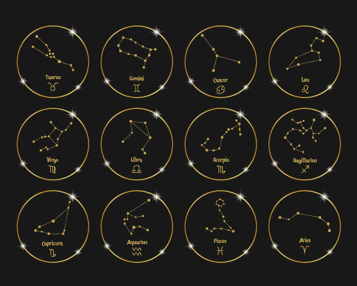 costellazioni di zodiaco segni nel d'oro brillante cerchi, impostare. d'oro design su un' nero sfondo. icone, vettore
