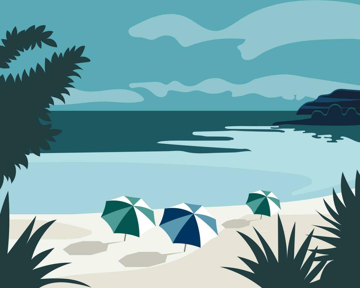paesaggio marino, spiaggia, ombrelloni sullo sfondo del mare e delle piante tropicali. poster, stampa, illustrazione marina estiva colorata vettore