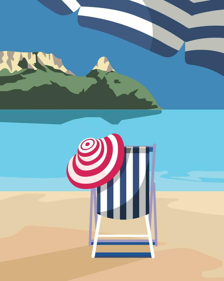 paesaggio marino, spiaggia, ponte sedia e cappello sotto un ombrello contro il fondale di il mare. manifesto, Stampa, colorato estate nautico illustrazione vettore