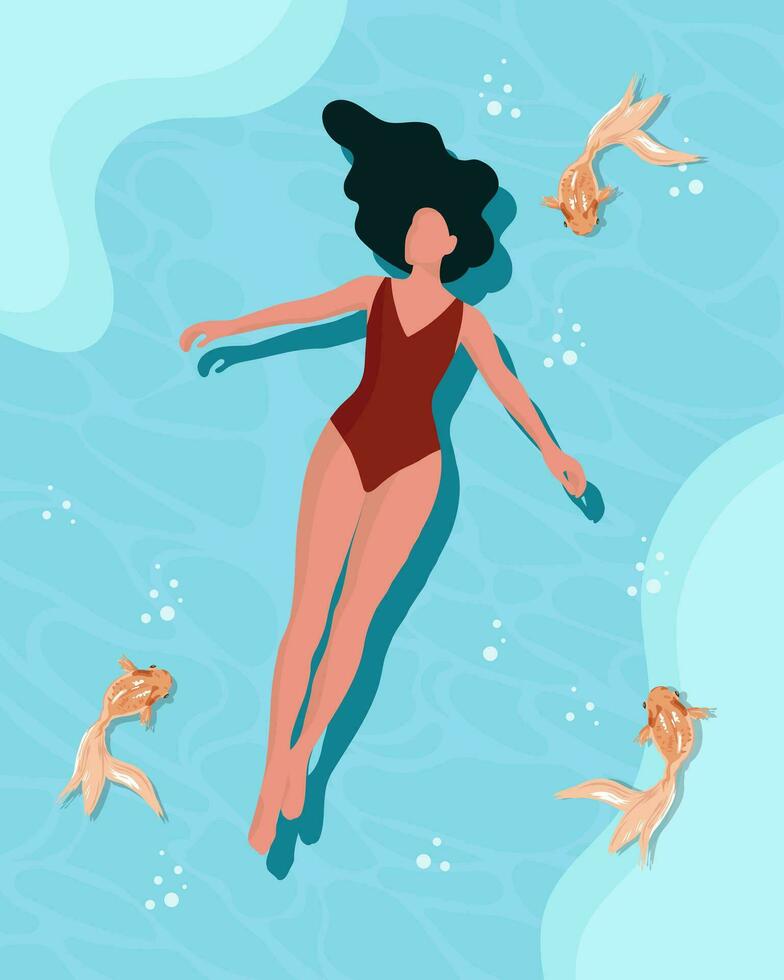 una giovane donna in costume da bagno turchese giace sull'acqua nel mare con i pesci. illustrazione di vacanze estive, clip art, vettore