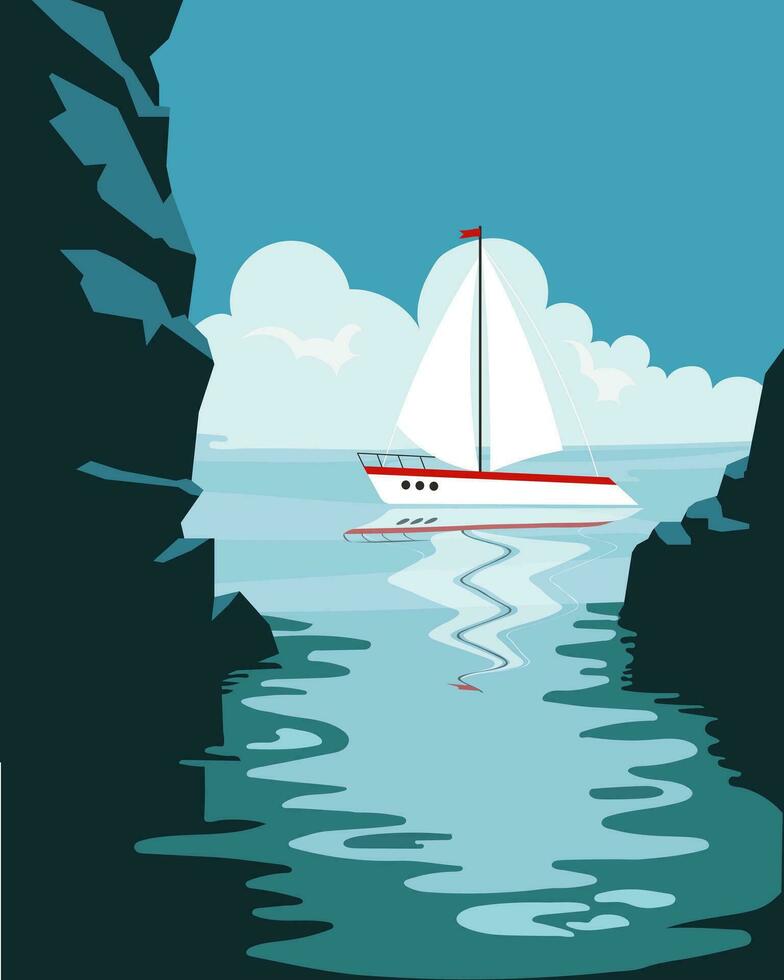 paesaggio marino, un' yacht con un' bianca vela su il mare tra il rocce. manifesto, Stampa, colorato estate marino illustrazione vettore