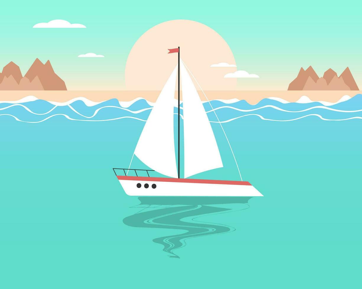 paesaggio marino, bianca barca a vela, yacht contro il fondale di il mare e montagne. estate illustrazione, vettore