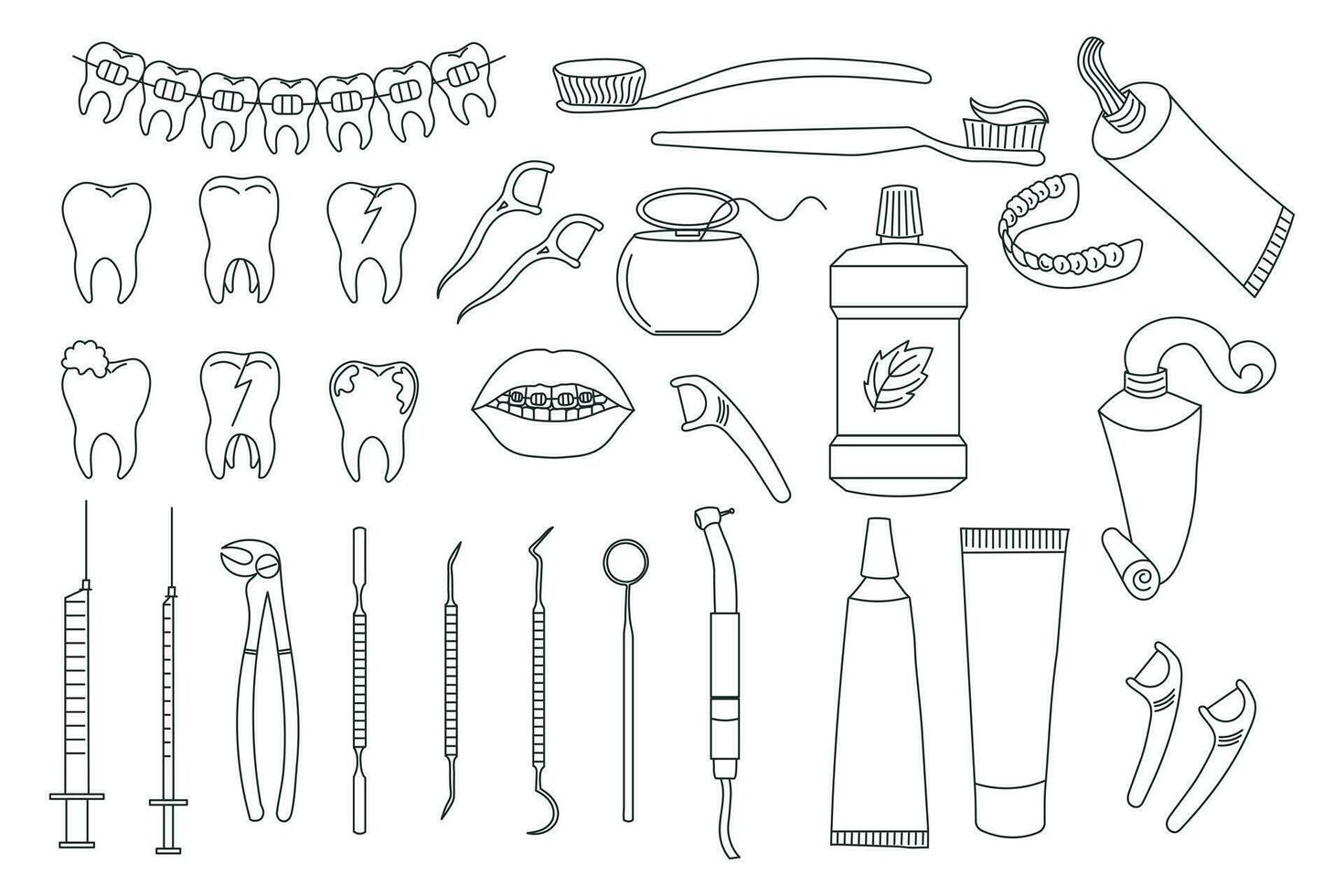 dentale icone impostare, odontoiatria simboli collezione. schizzi, logo illustrazioni, dentale clinica lineare segni pacchetto. vettore