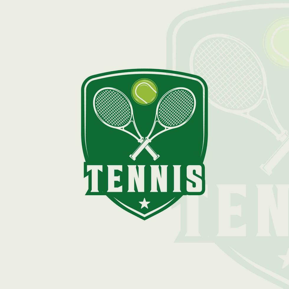 racchette e palla di tennis logo emblema vettore illustrazione modello icona grafico design. sport cartello o simbolo per club o torneo con distintivo