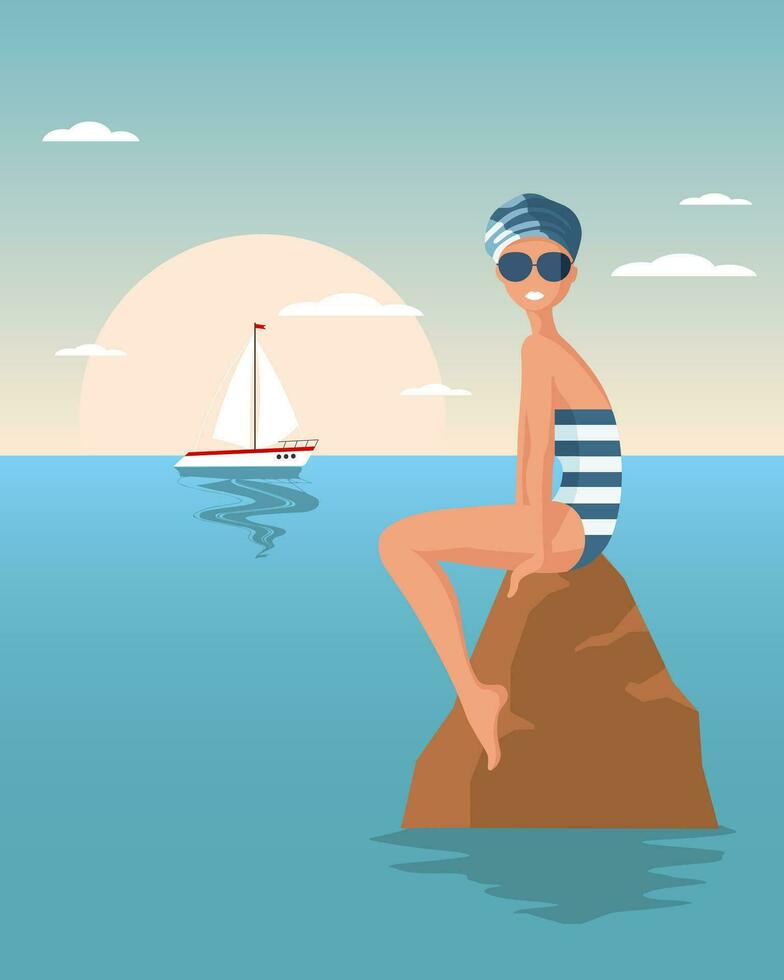 estate illustrazione, un' carino ragazza si siede su un' roccia contro il fondale di un' paesaggio marino con un' yacht. clip arte, Stampa, manifesto vettore