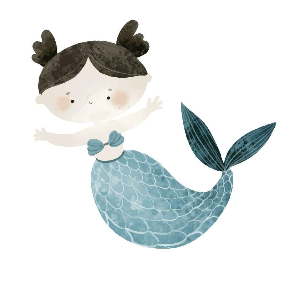 carino sirena bambini illustrazione, infantile grafico per bambini moda, boho mare vita. per maglietta, Stampa e disegno, manifesto, carta, etichetta, arredamento e abbigliamento vettore