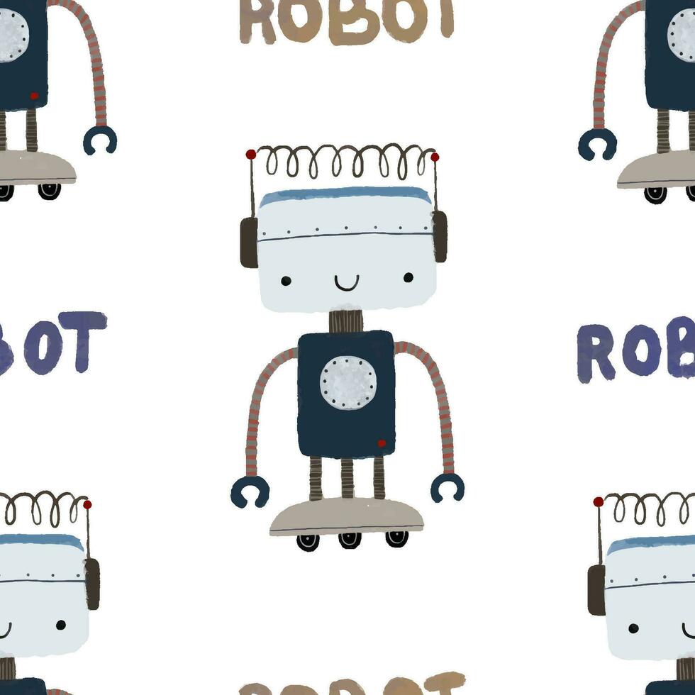 senza soluzione di continuità modello con diverso Vintage ▾ robot. mano dipinto illustrazione. isolato infinito ripetendo colore semplice piatto modello con robot, bulloni, lettering e scarabocchi. modello per bambini con robot vettore