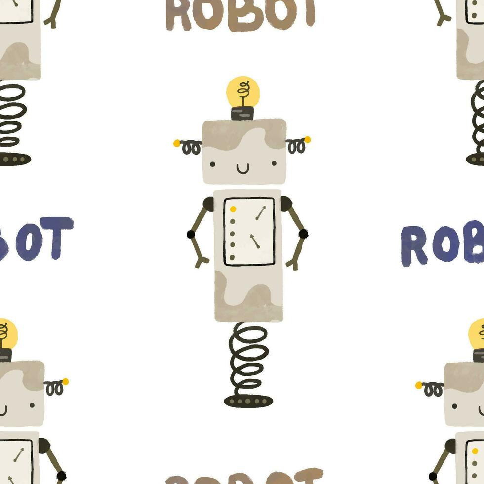 senza soluzione di continuità modello con diverso Vintage ▾ robot. mano dipinto illustrazione. isolato infinito ripetendo colore semplice piatto modello con robot, bulloni, lettering e scarabocchi. modello per bambini con robot vettore