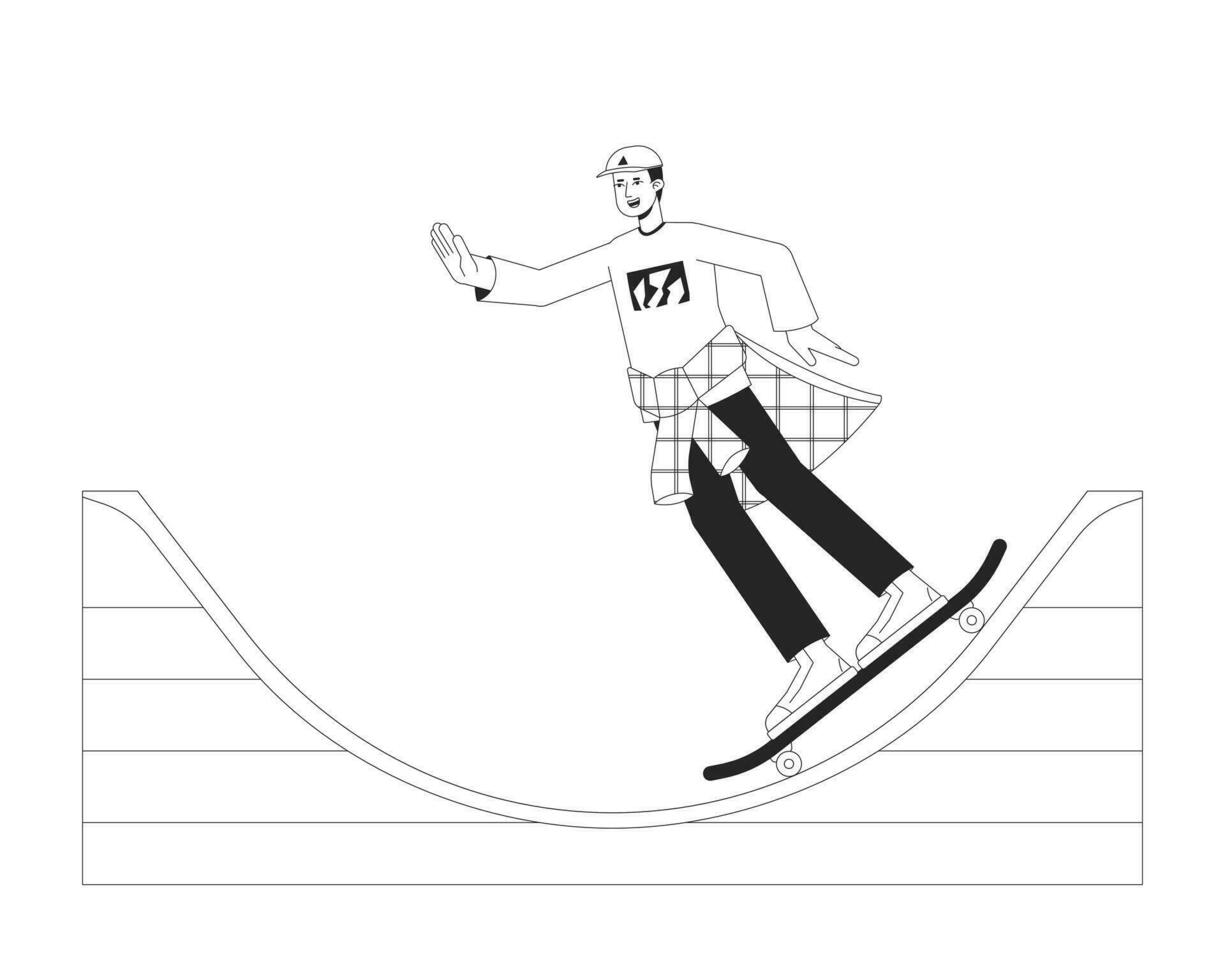 attivo uomo equitazione su skateboard piatto linea nero bianca vettore carattere. modificabile schema pieno corpo pattinatore fare trucchi su rampa. semplice cartone animato isolato individuare illustrazione per ragnatela grafico design
