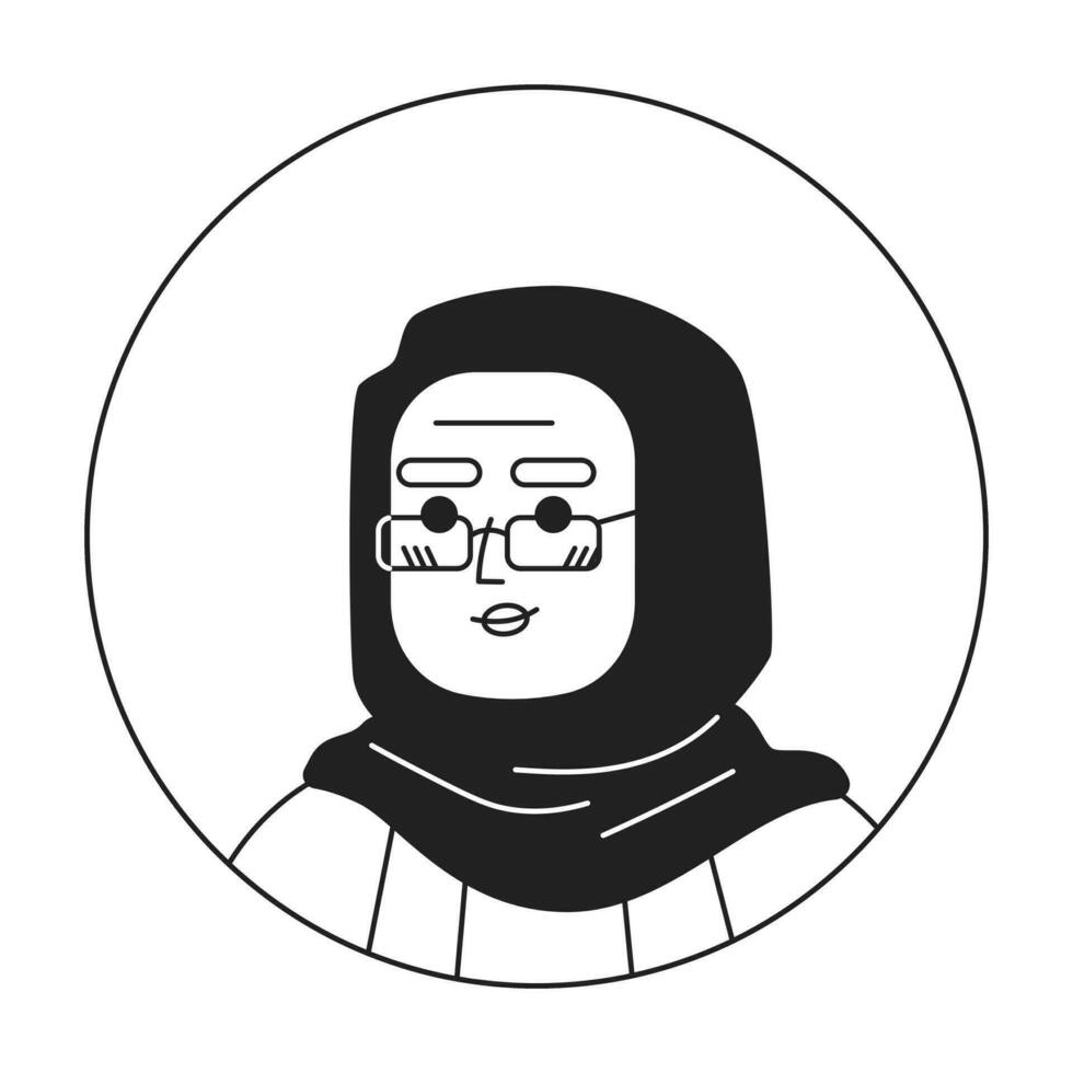 anziano arabo donna nel hijab monocromatico piatto lineare personaggio testa. grave signora nel occhiali, modificabile schema mano disegnato umano viso icona. 2d cartone animato individuare vettore avatar illustrazione per animazione