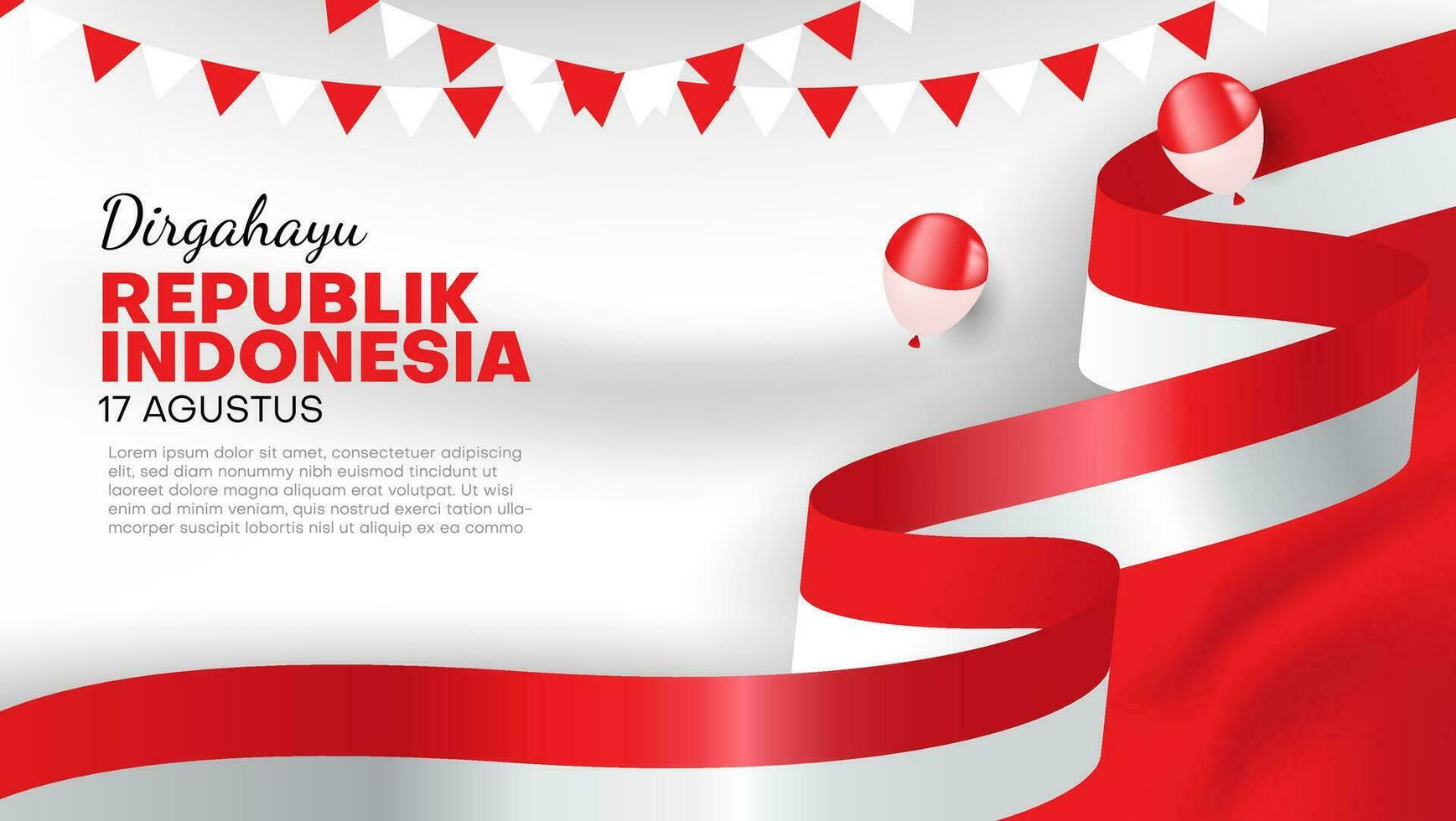 Indonesia indipendenza giorno bandiera con indonesiano bandiera nastro, palloncini e coriandoli vettore