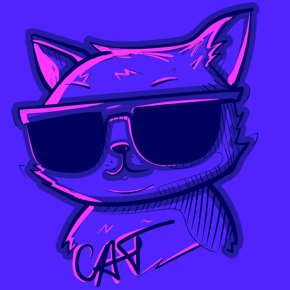 digitale arte di un' freddo gatto indossare occhiali da sole sotto rosa neon luci. vettore di un' gangsta gattino con bicchieri e graffiti testo