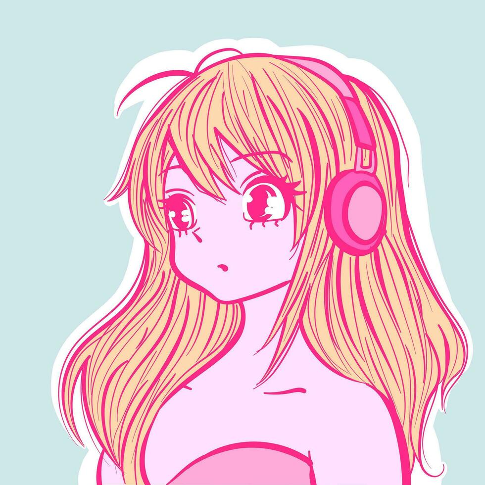 illustrazione di un' lofi anime ragazza indossare cuffie e ascoltando per musica. vettore di un' manga giapponese Bambola con pastello colori