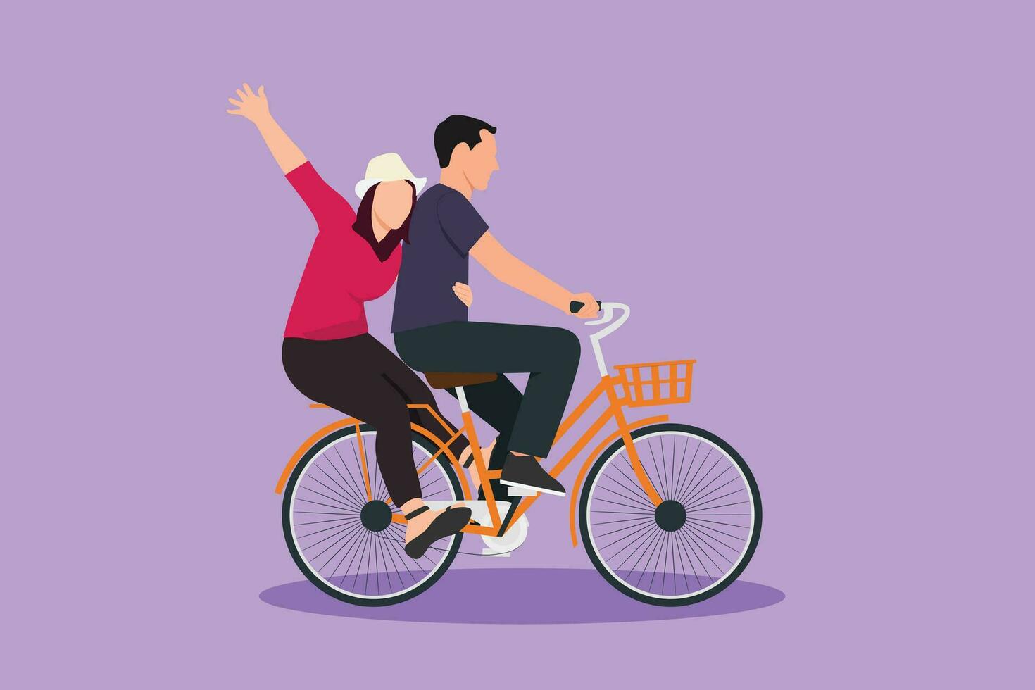 personaggio piatto disegno di romantico coppia avere divertimento equitazione su bicicletta. contento uomo e donna Ciclismo con Tenere mani insieme. solidarieta di giovane marito e moglie. cartone animato design vettore illustrazione