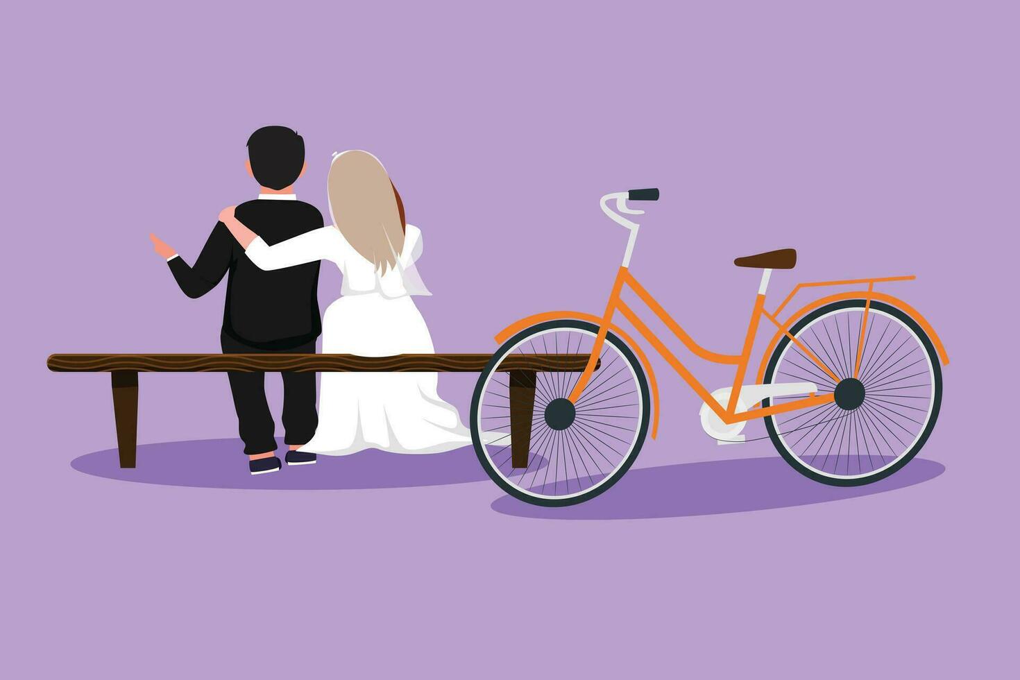 personaggio piatto disegno indietro Visualizza di romantico sposato coppia chat o parlando mentre seduta su panca. contento uomo con completo da uomo e donna con nozze vestito equitazione bicicletta. cartone animato design vettore illustrazione