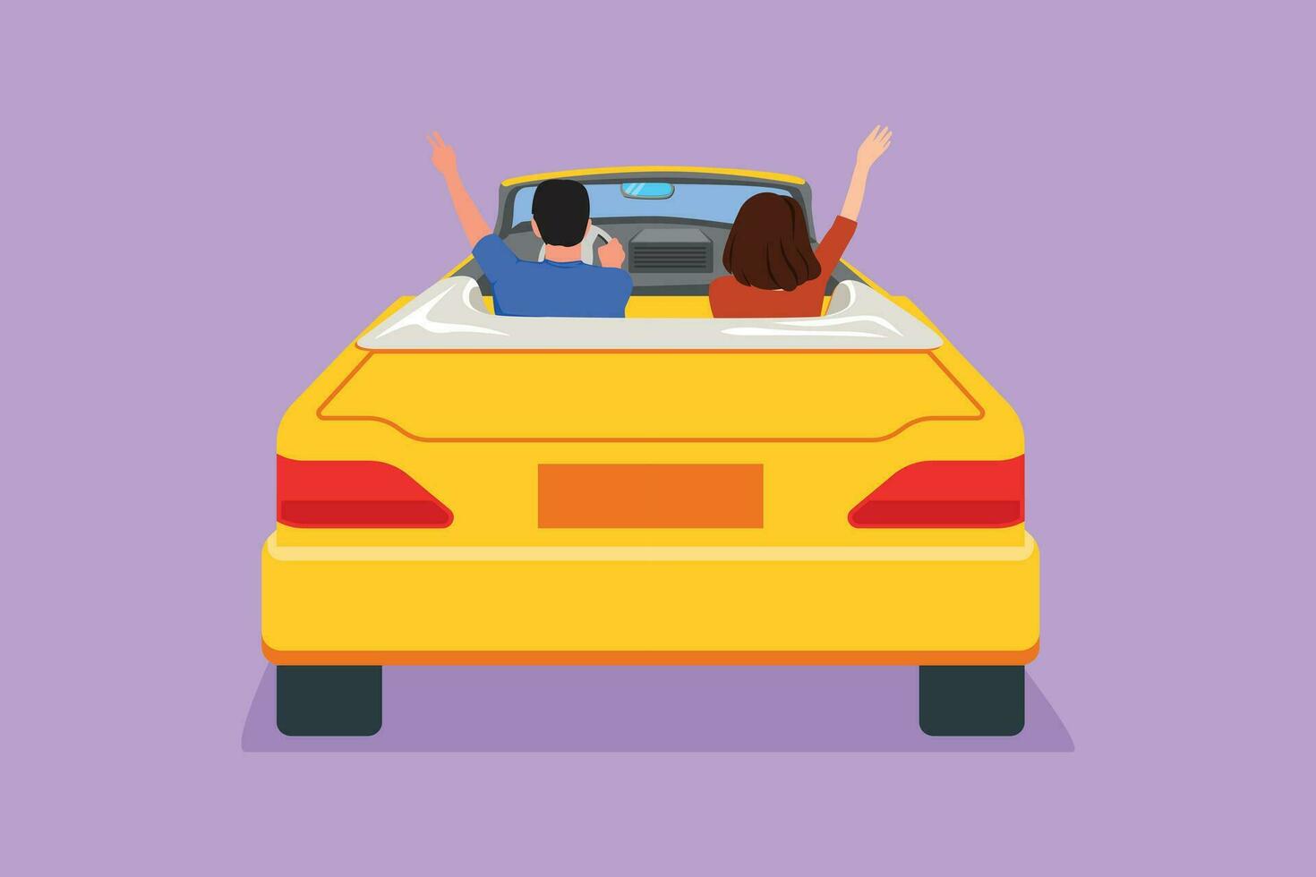 personaggio piatto disegno indietro Visualizza di contento gratuito coppia guida cabriolet auto nel notte città applauso gioioso con braccia sollevato. romantico coppia estate vacanza viaggio. cartone animato design vettore illustrazione