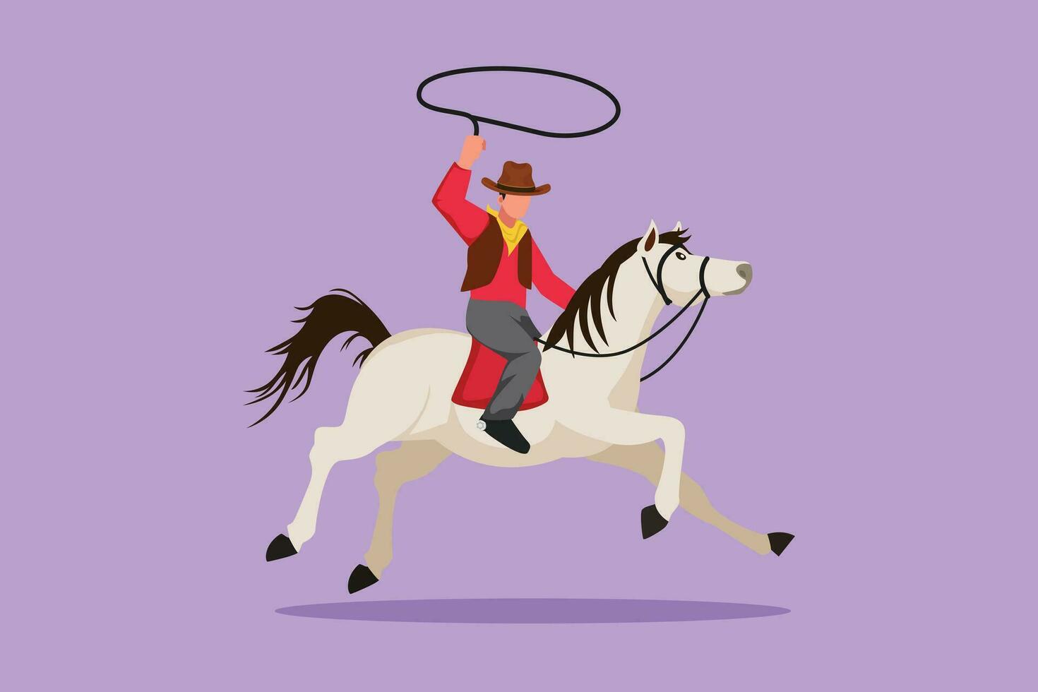 grafico piatto design disegno stilizzato cowboy su cavallo al galoppo attraverso polveroso campo. contento cowboy su controtendenza cavallo in esecuzione con laccio. cowboy con corda laccio su cavallo. cartone animato stile vettore illustrazione