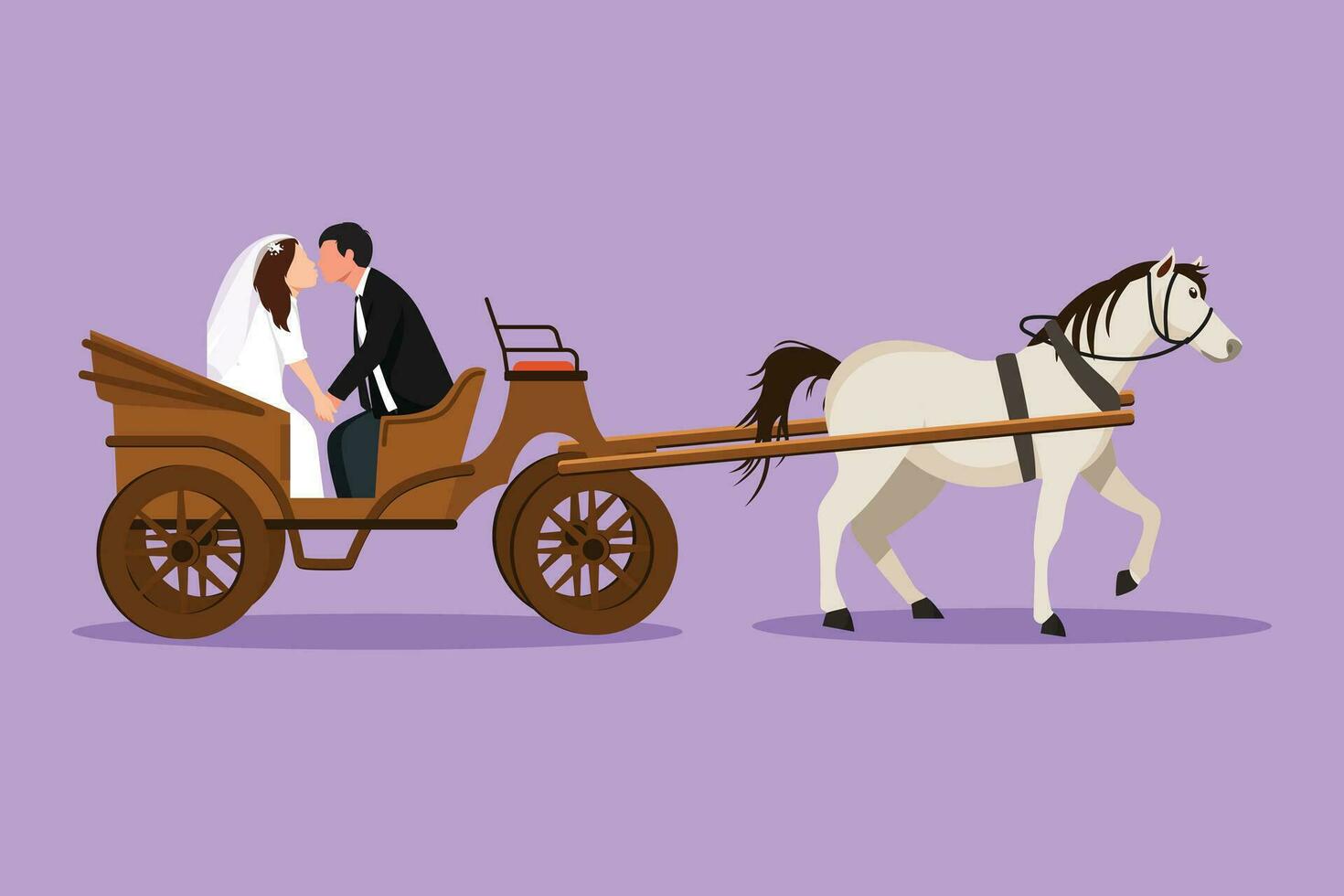 personaggio piatto disegno carino nozze coppia provando bacio ogni Altro. appena sposato uomo e bellezza donna. felicità sposa e sposo seduta nel carrozza tirato di cavallo. cartone animato design vettore illustrazione